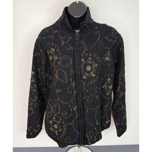 Bechamel Women's Floral Embroidered Wool Full Zip Sweater Black Size XL Retro